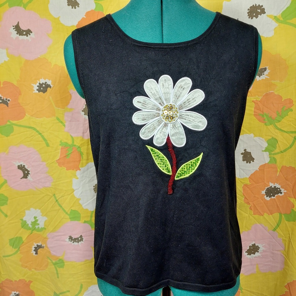Russell Kemp Silk Blend Beaded Daisy Knit Tank Top Black Y2K Medium